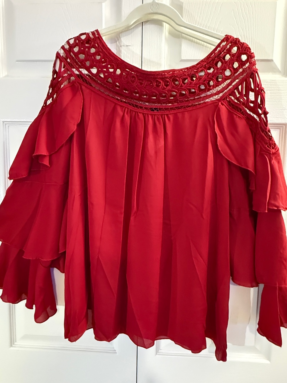 Burgundy Cold-Shoulder Crochet Yoke Blouse